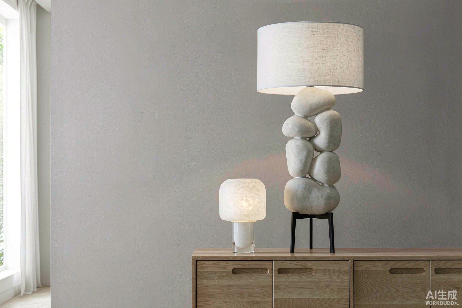 A plaster floor lamp and an opal glass table lamp on a pale oak sideboard